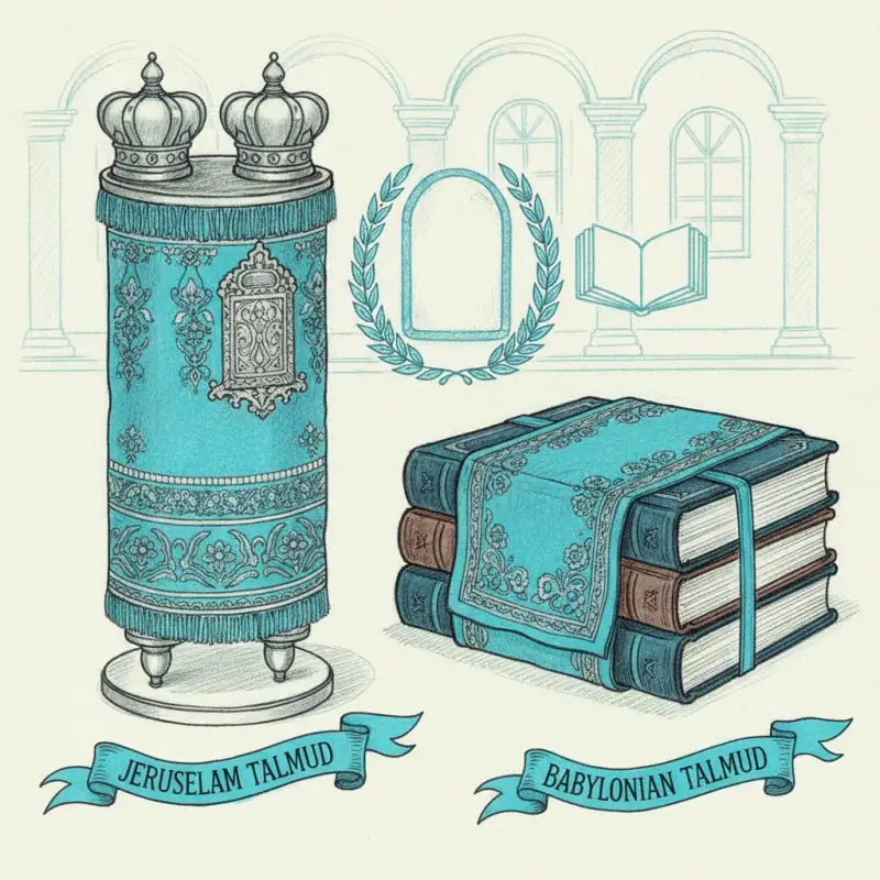 Иерусалимский и Вавилонский Талмуд: цилиндрический свиток и стопка книг