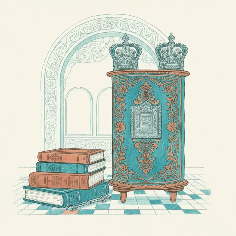 Стопка классических книг рядом с декоративным сундуком с королевскими коронами